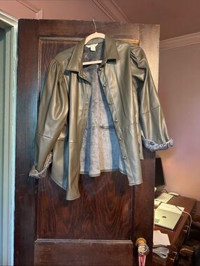H&M Olive Green Faux Leather Button-Down Shirt